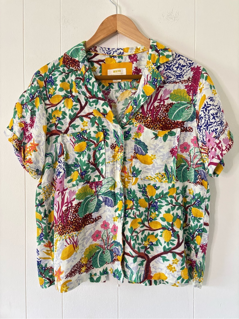 Maeve Anthropologie Linen Classic Surf Shirt Novelty Lemon Vacation Cover Up XS - Picture 3 of 12